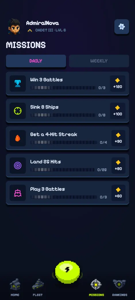 The BoomBoats missions screen: five daily missions, each with its progress bar and reward.