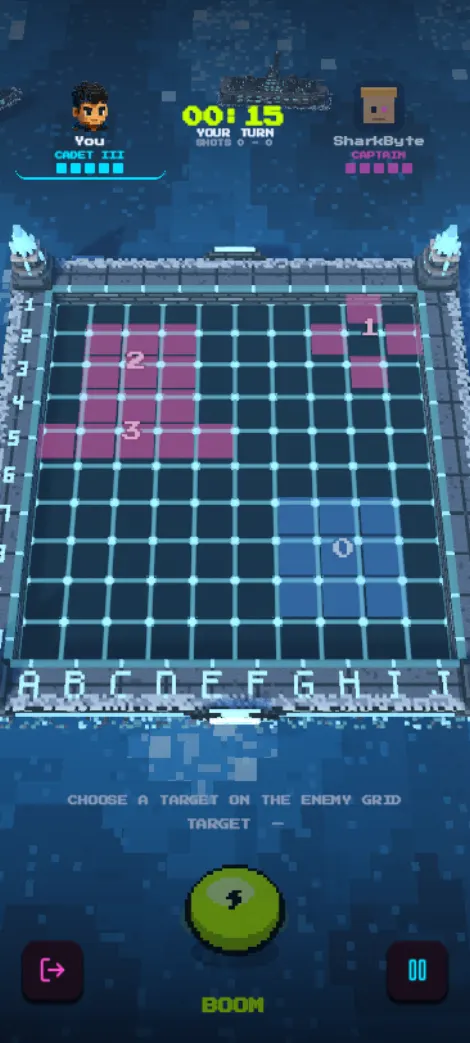 A live BoomBoats turn: the enemy grid with scan marks, the turn timer and both players.