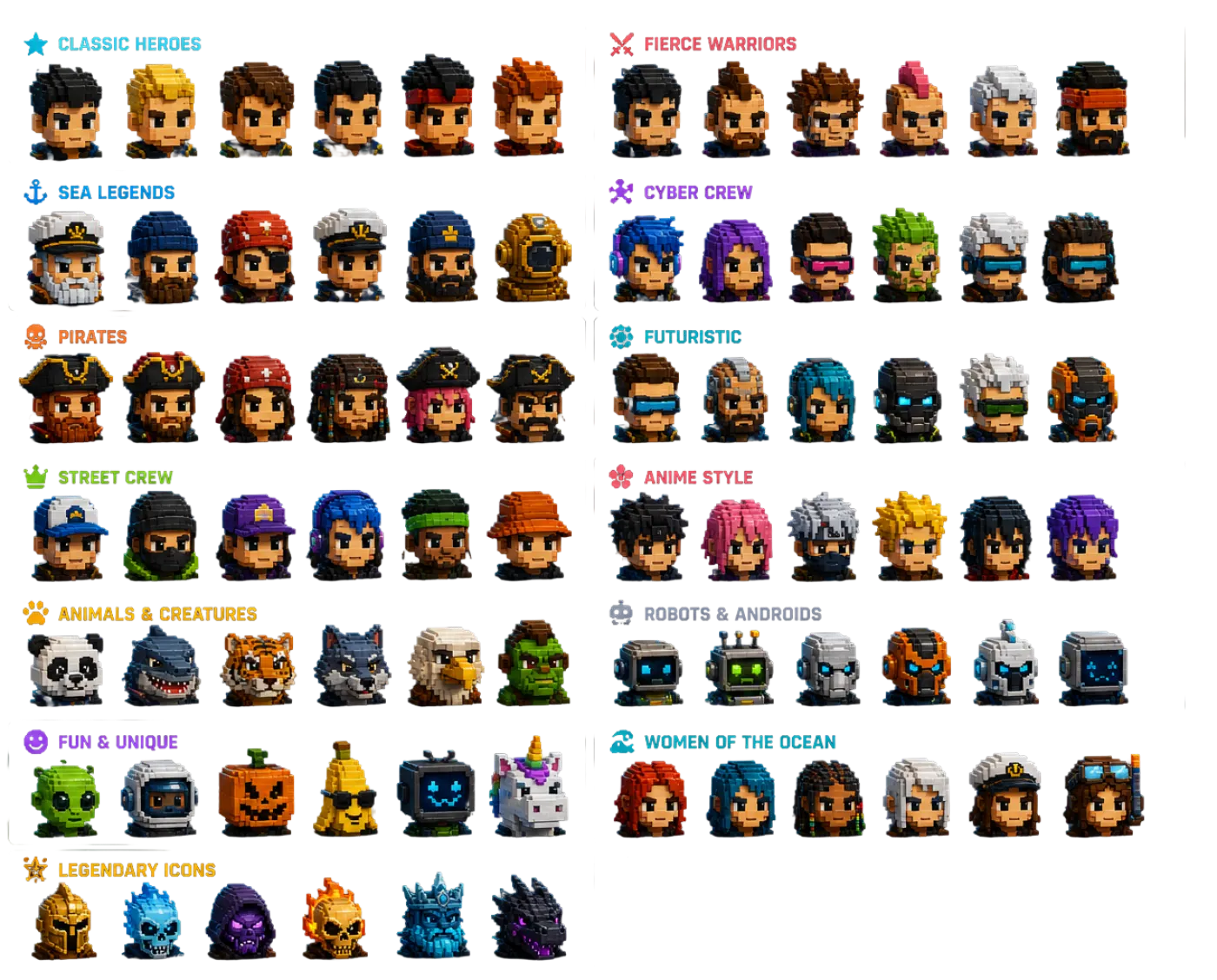 The full grid of generated voxel avatars, grouped by collection.