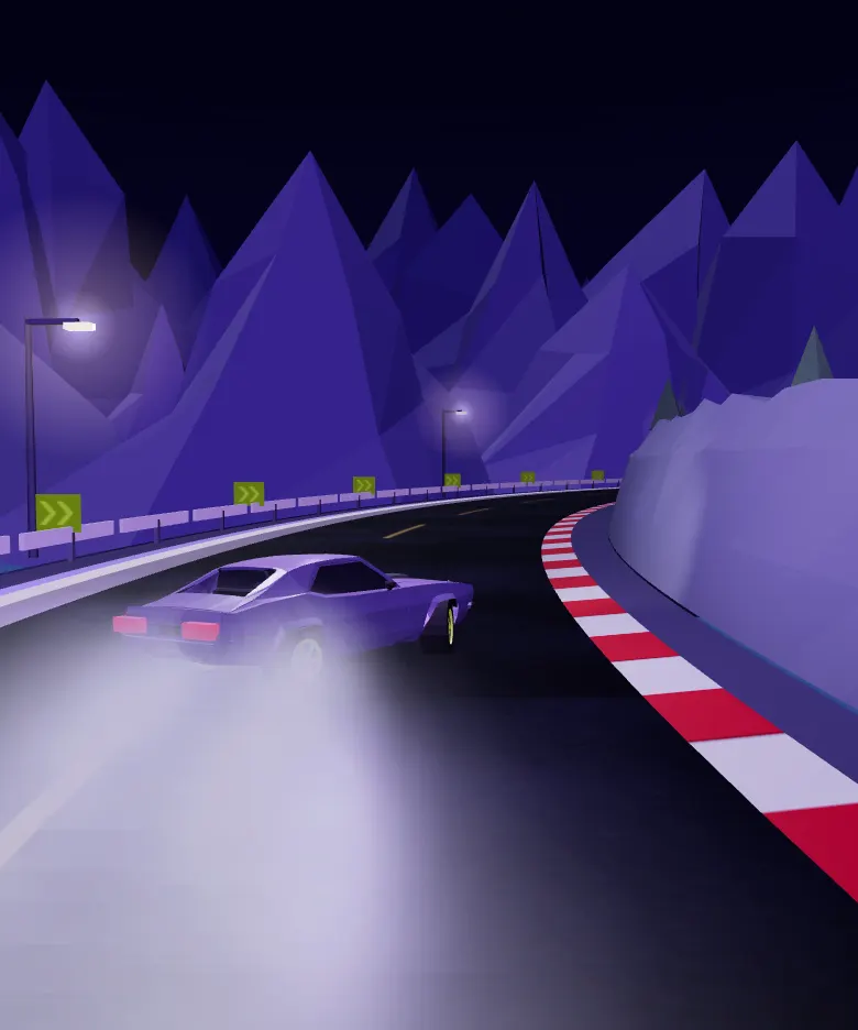 The OVERSTEER car sliding through the endless right-hand corner, trailing smoke.