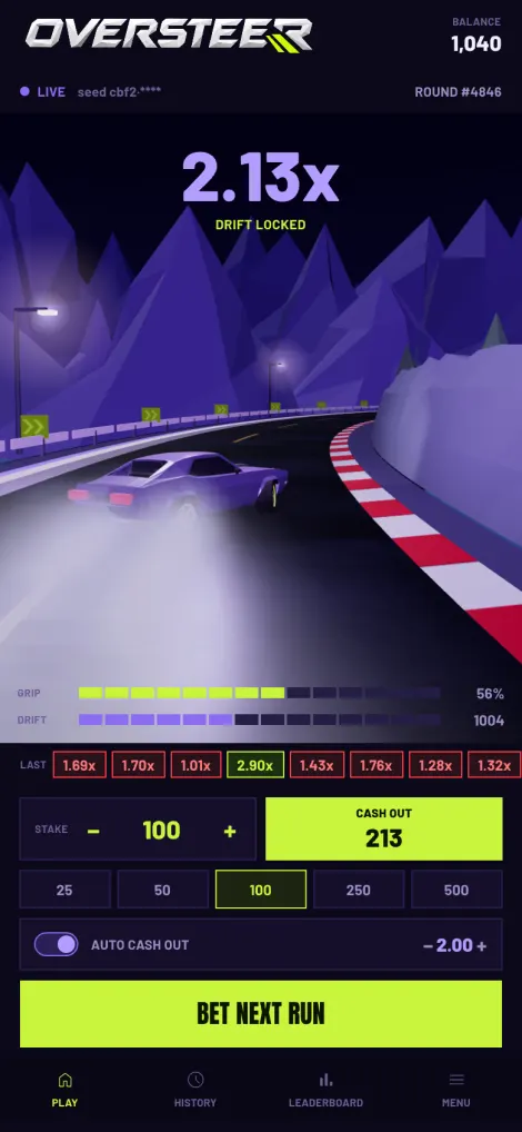 The OVERSTEER live screen, the multiplier at 2.13x while the car holds the drift.