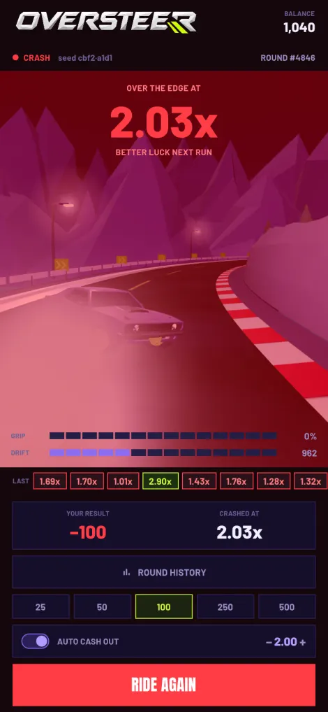 The OVERSTEER crash screen, the car over the edge at 2.03x.