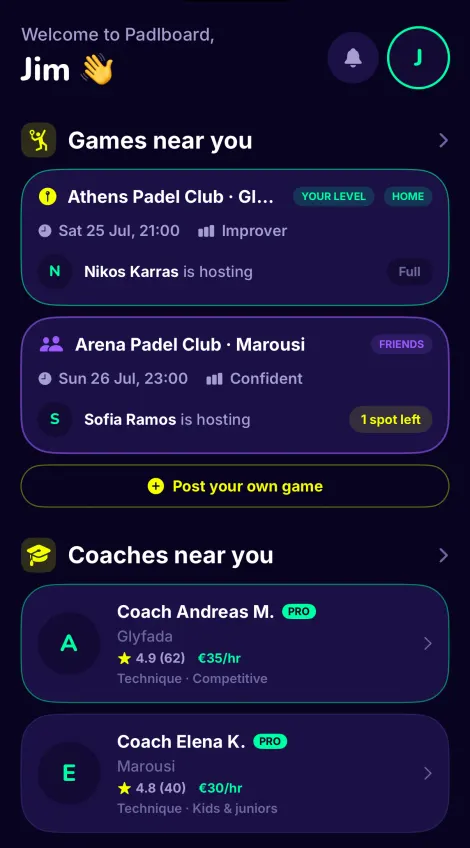 The PadlBoard home screen: the games and coaches near you.