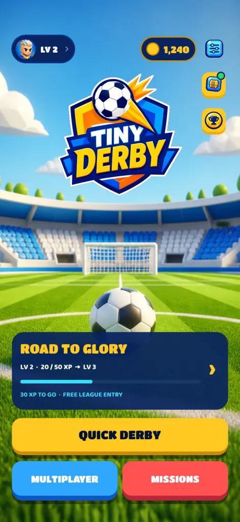 The TinyDerby home screen on a sunny matchday.