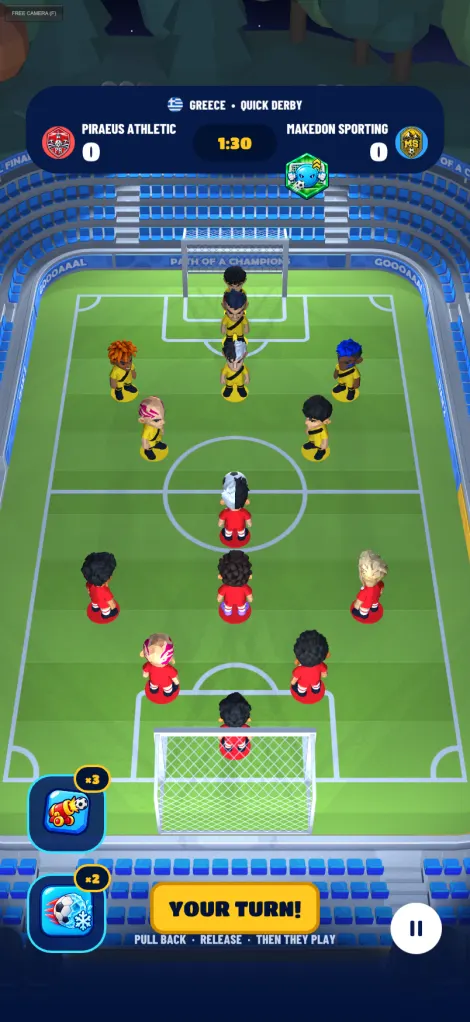 A TinyDerby match with power-ups ready to play.