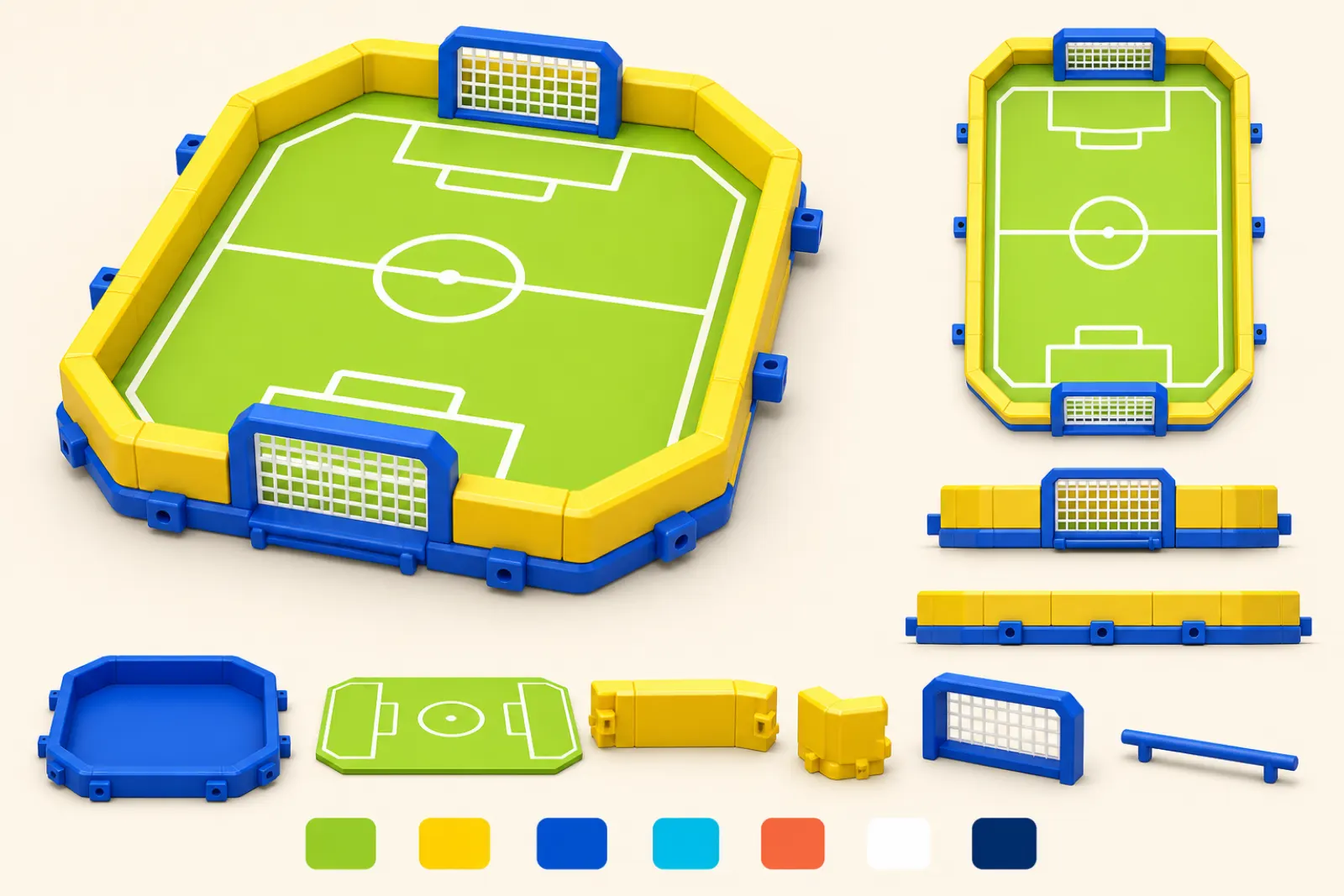 The TinyDerby arena, rendered as a toy pitch with its parts laid out beside it.