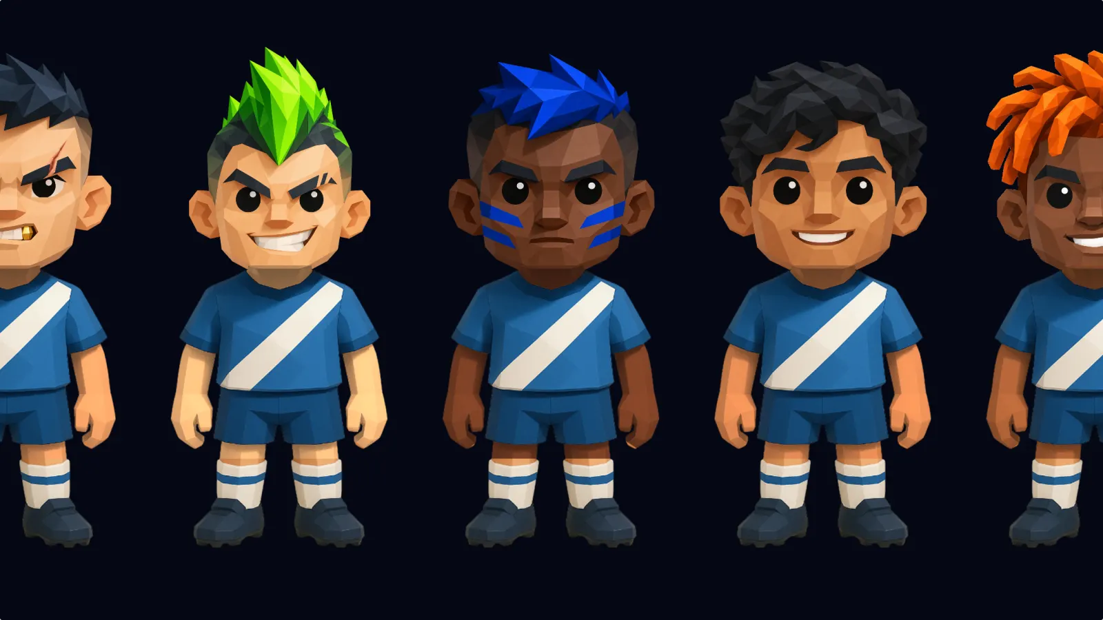 A line-up of TinyDerby players, each with their own face and hair.
