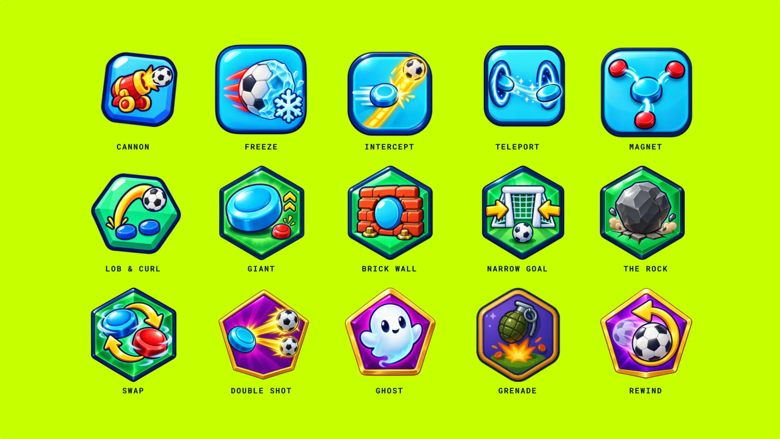 All fifteen TinyDerby power-ups, from Cannon to Rewind.